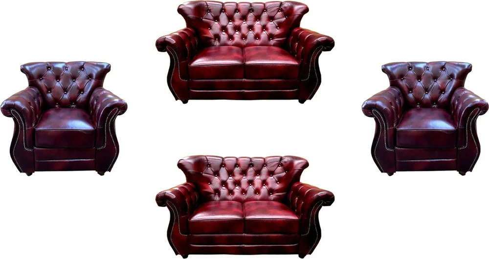 Markenprodukt Casa Padrino ensemble de salon Chesterfield de luxe en cuir véritable bordeaux rouge / marron / argent - 2 Canapés en Cuir & 2 Fauteuils en Cuir - Meubles de Salon - Meubles Chesterfield