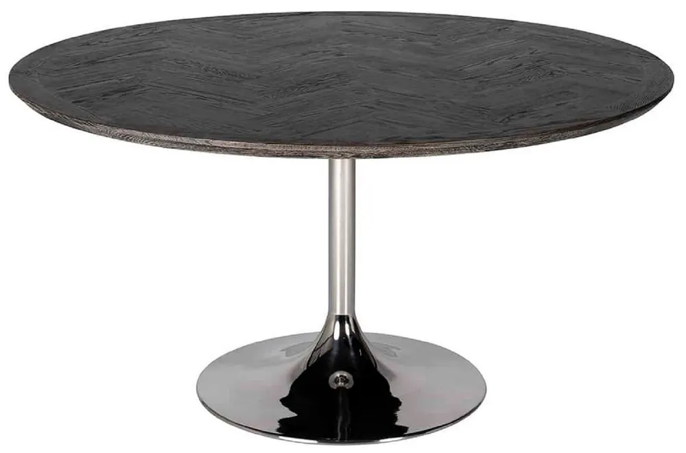 Nur Für Kurze Zeit Casa Padrino table à manger de luxe noir / argent Ø 140 x H. 75 cm - Table de salle à manger ronde avec plateau en placage de chêne et pied en acier inoxydable - Mobilier de salle à manger