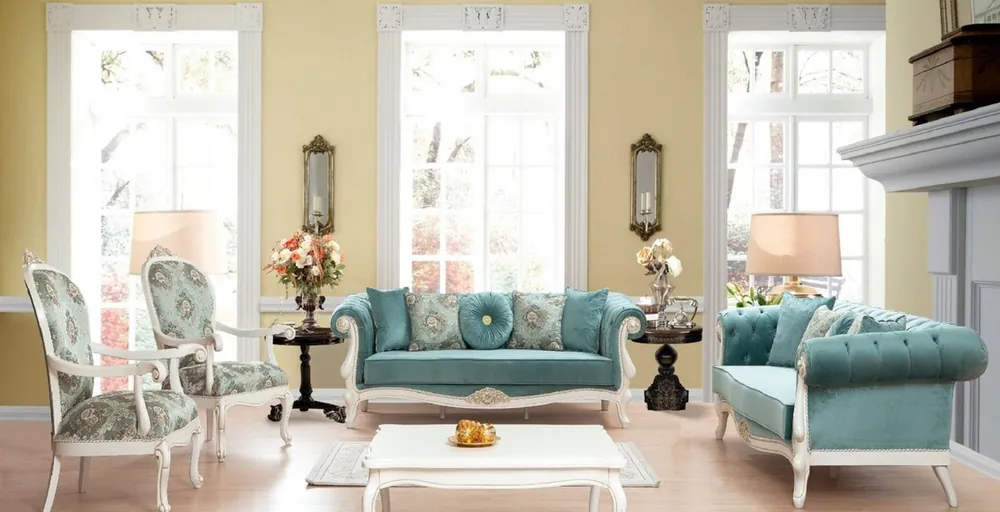 Rabatt Casa Padrino ensemble de salon baroque de luxe turquoise / vert / blanc - 2 Canapés & 2 Fauteuils avec Motif & 1 Table Basse - Mobilier de salon de style baroque - Noble & Magnifique