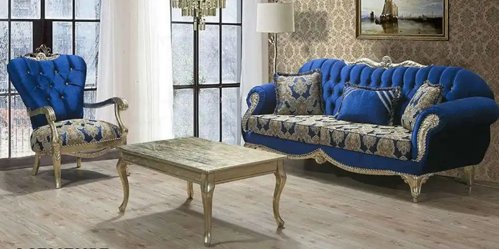 Mega-Angebot Casa Padrino ensemble de salon baroque de luxe bleu / or - 2 Canapés avec Motif & 2 Fauteuils avec Motif & 1 Table Basse - Magnifique meubles de salon baroques