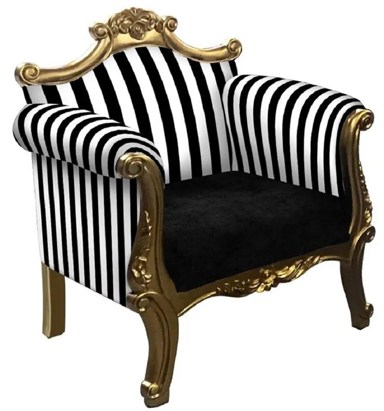 Sichere Zahlung Casa Padrino fauteuil baroque avec rayures noir / blanc / or - Fauteuil de salon fait main de style baroque - Meuble de salon baroque