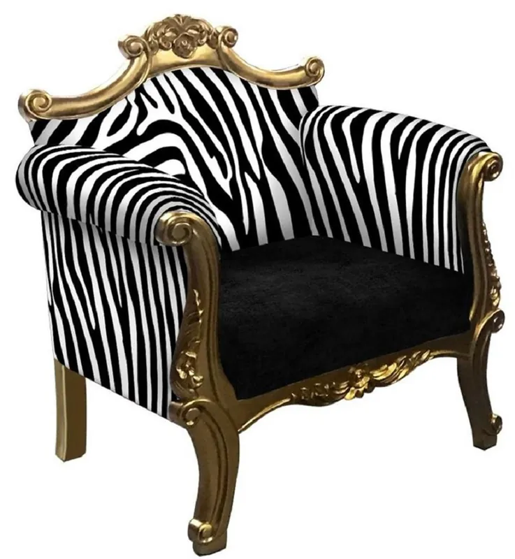 Abverkauf Casa Padrino fauteuil baroque dans la design de zèbre noir / blanc / or - Fauteuil de salon fait main de style baroque - Meuble de salon baroque