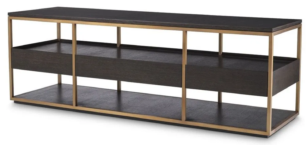 Casa Padrino armoire TV de luxe moka / laiton 180 x 55 x H. 61 cm - Buffet en bois massif avec 3 tiroirs - Meuble de salon - Meuble d'hôtel - Collection de Luxe Direktkauf