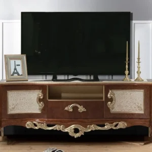 Abverkauf Casa Padrino armoire TV baroque de luxe marron / or - Buffet fait main en bois massif avec 2 portes et tiroir - Mobilier de salon baroque