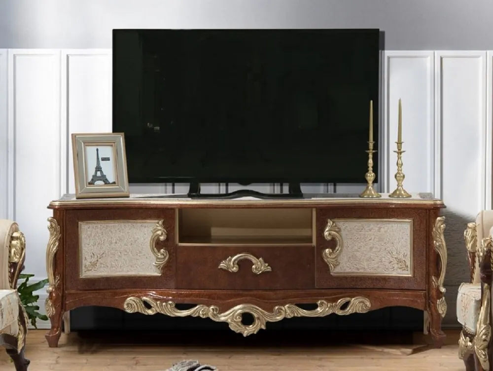 Abverkauf Casa Padrino armoire TV baroque de luxe marron / or - Buffet fait main en bois massif avec 2 portes et tiroir - Mobilier de salon baroque