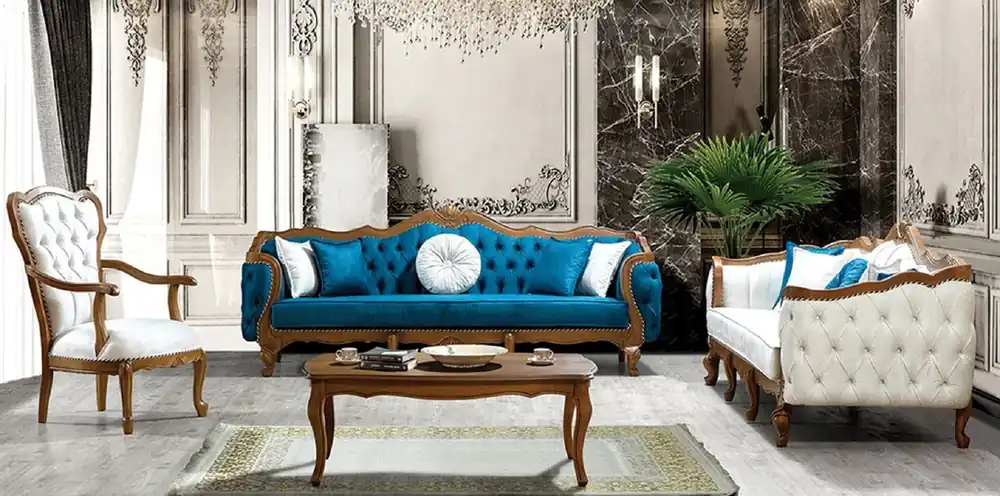 Kracherpreis Casa Padrino ensemble de salon baroque de luxe bleu / blanc / marron - 2 Canapés & 2 Fauteuils & 1 Table Basse - Mobilier de salon de style baroque - Noble & Magnifique