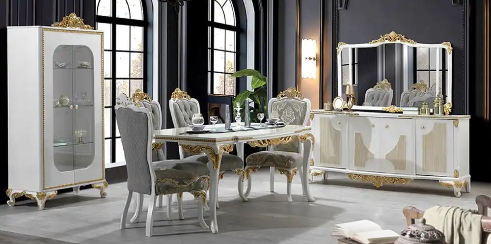 Casa Padrino ensemble de salle à manger baroque de luxe gris / blanc / or - 1 Table à Manger & 6 Chaises & 1 Vitrine & 1 Buffet avec Miroir Mural - Mobilier de salle à manger baroque Preiswert
