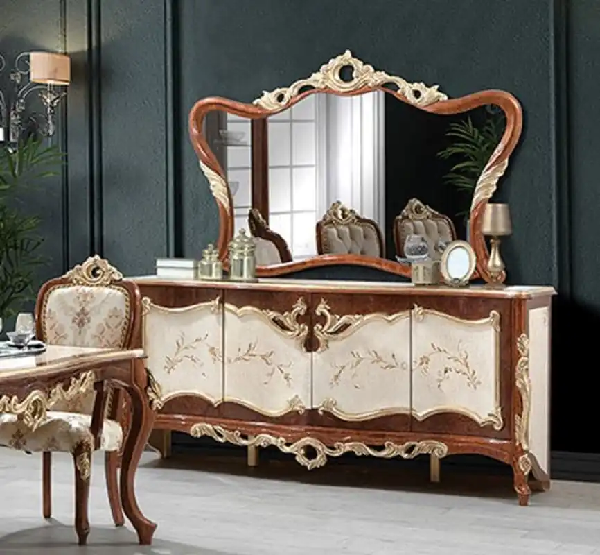 Direkt Vom Hersteller Casa Padrino ensemble de meubles baroques de luxe marron / crème / or - 1 Buffet Baroque avec 4 Portes & 1 Miroir Mural Baroque - Magnifique mobilier baroque