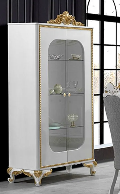 Heißes Angebot Casa Padrino vitrine baroque de luxe blanc / or - Armoire vitrine fait main en bois massif avec 2 portes vitrées - Magnifique mobilier baroque