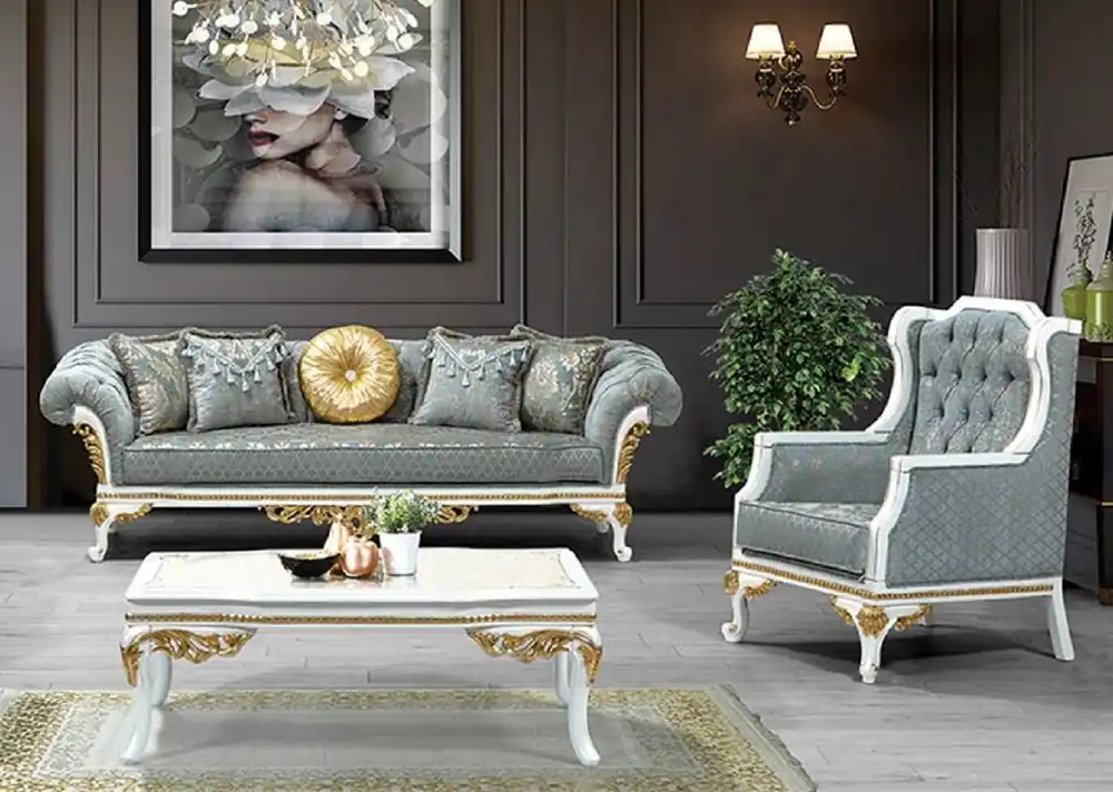Zertifiziert Casa Padrino ensemble de salon baroque de luxe turquoise / gris / blanc / or - 2 Canapés avec Motif & 2 Fauteuils avec Motif & 1 Table Basse - Magnifique meubles de salon baroques