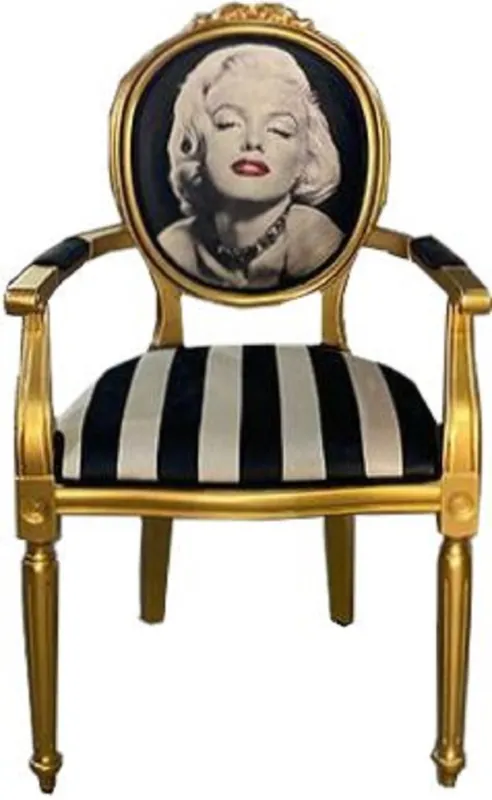 Casa Padrino chaise de salle à manger baroque Marilyn Monroe noir / blanc / or - Chaise de style antique fait main avec accoudoirs - Mobilier de salle à manger de style baroque Sonderaktion