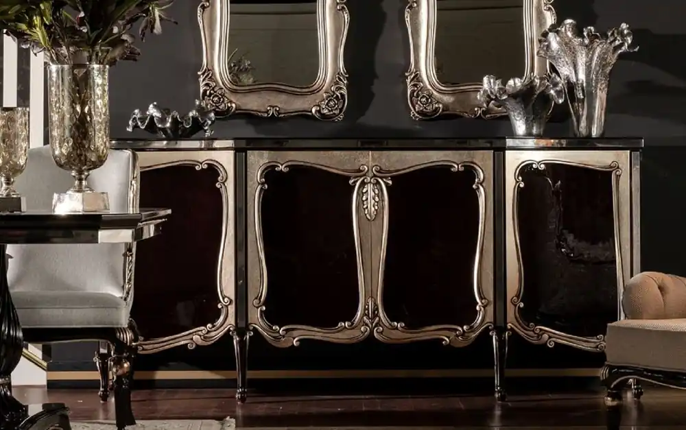 Sofort Bestellen Casa Padrino buffet baroque de luxe noir / argent - Élégant armoire en bois massif avec 4 portes - Mobilier Baroque
