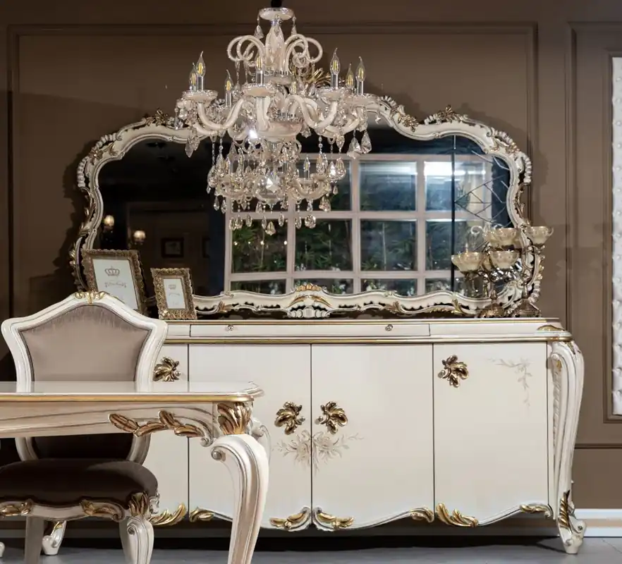 Neue Kollektion Casa Padrino ensemble de meubles baroques de luxe crème / blanc / or - 1 Buffet Baroque avec 4 Portes et Tiroir & 1 Miroir Mural Baroque - Mobilier Baroque