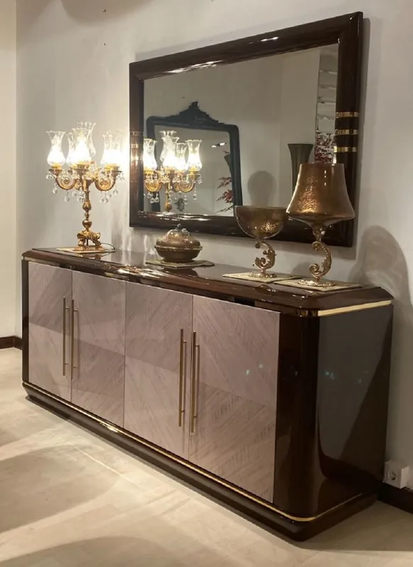 Casa Padrino ensemble de meubles de luxe marron foncé / gris / or - 1 Buffet avec 4 Portes & 1 Miroir Mural - Meubles d'Hôtel de Luxe Meistverkauft