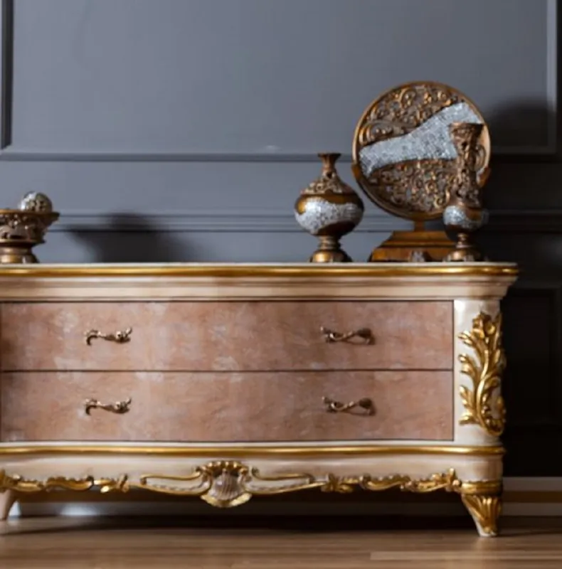 Casa Padrino commode baroque de luxe beige / blanc / or - Magnifique armoire en bois massif avec 2 tiroirs - Mobilier Baroque Letzte Chance