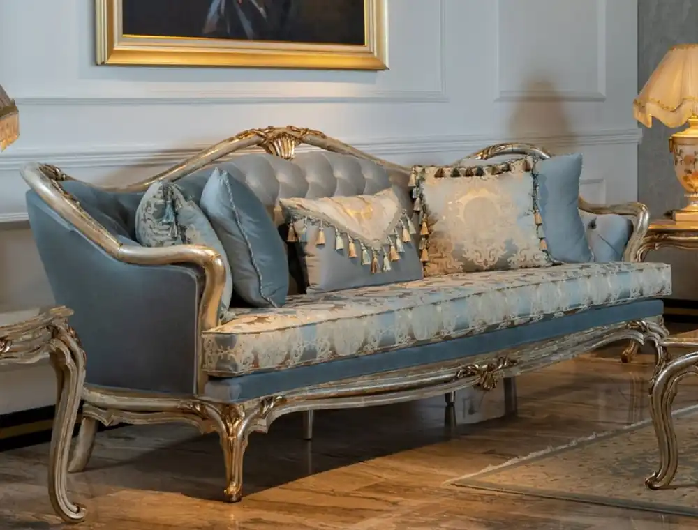 Online Kaufen Casa Padrino canapé baroque de luxe bleu clair / argent / or - Canapé de salon fait main de style baroque - Mobilier de salon baroque
