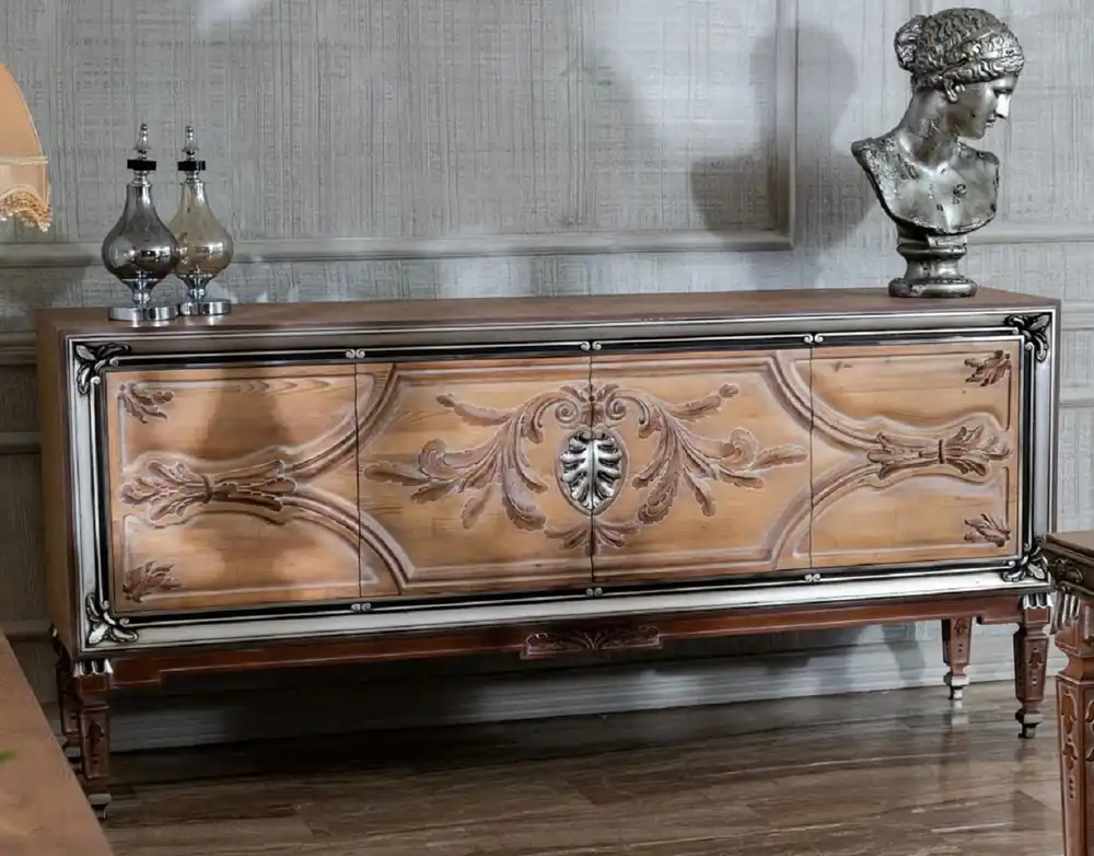 Schneller Versand Casa Padrino buffet baroque de luxe avec 4 portes naturel / beige / marron / argent - Armoire en bois massif noble de style baroque - Mobilier Baroque