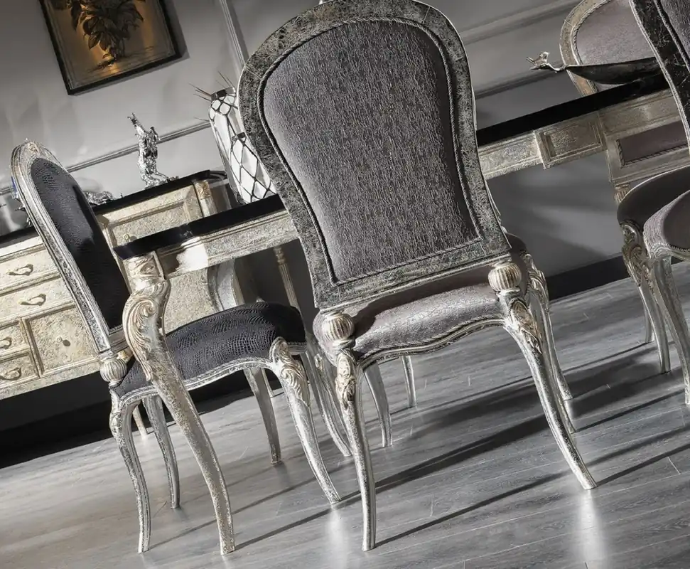 Casa Padrino ensemble de chaises de salle à manger baroque de luxe gris foncé / argent antique / or - Ensemble de 6 chaises de cuisine fait main - Mobilier de salle à manger baroque Garantierte Lieferung