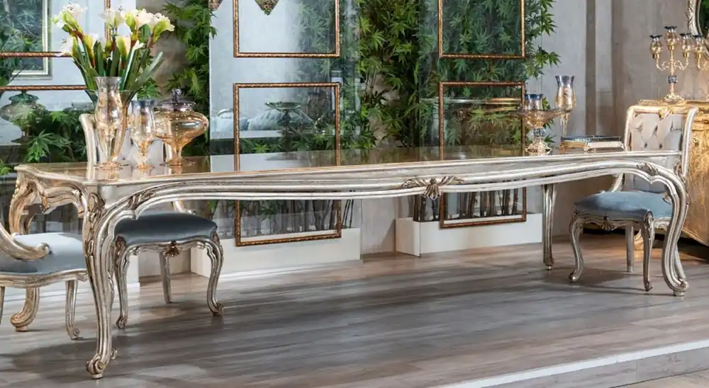 Casa Padrino table à manger baroque de luxe argent / or - Magnifique table de salle à manger en bois massif de style baroque - Mobilier de salle à manger baroque Garantierte Lieferung
