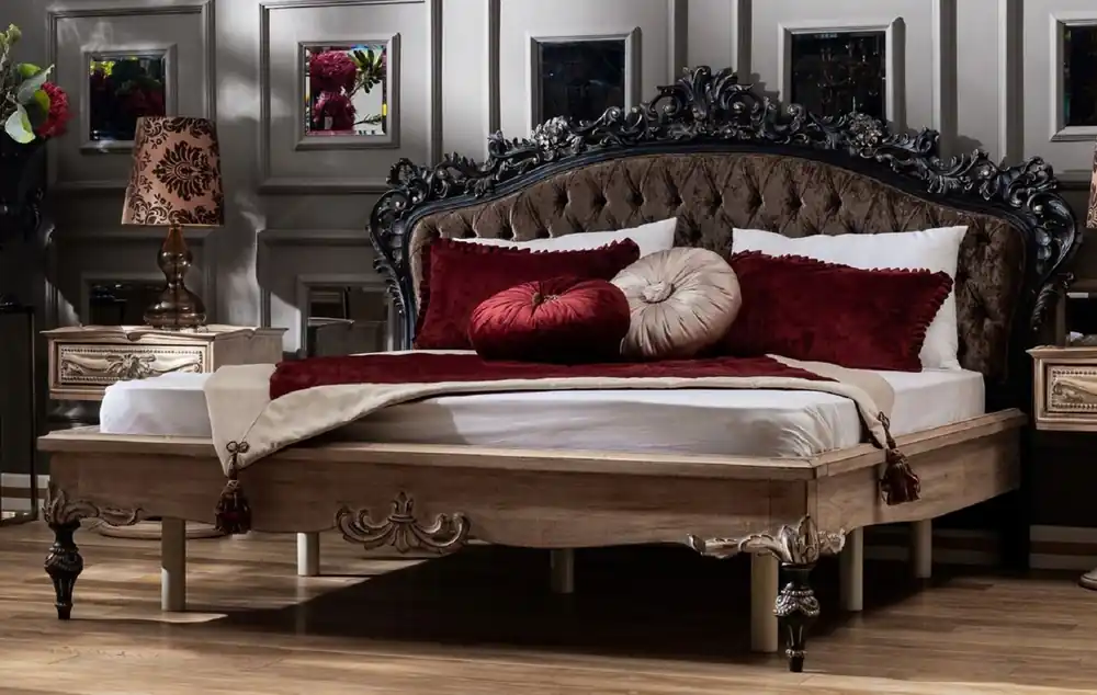 Preisknaller Casa Padrino lit double baroque de luxe marron foncé / naturel / noir / or - Lit en bois massif noble avec tête de lit - Magnifique mobilier de chambre de style baroque