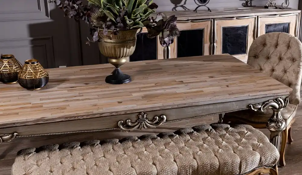 Solange Der Vorrat Reicht Casa Padrino table à manger baroque de luxe naturel / argent - Magnifique table de salle à manger en bois massif de style baroque - Mobilier de salle à manger baroque