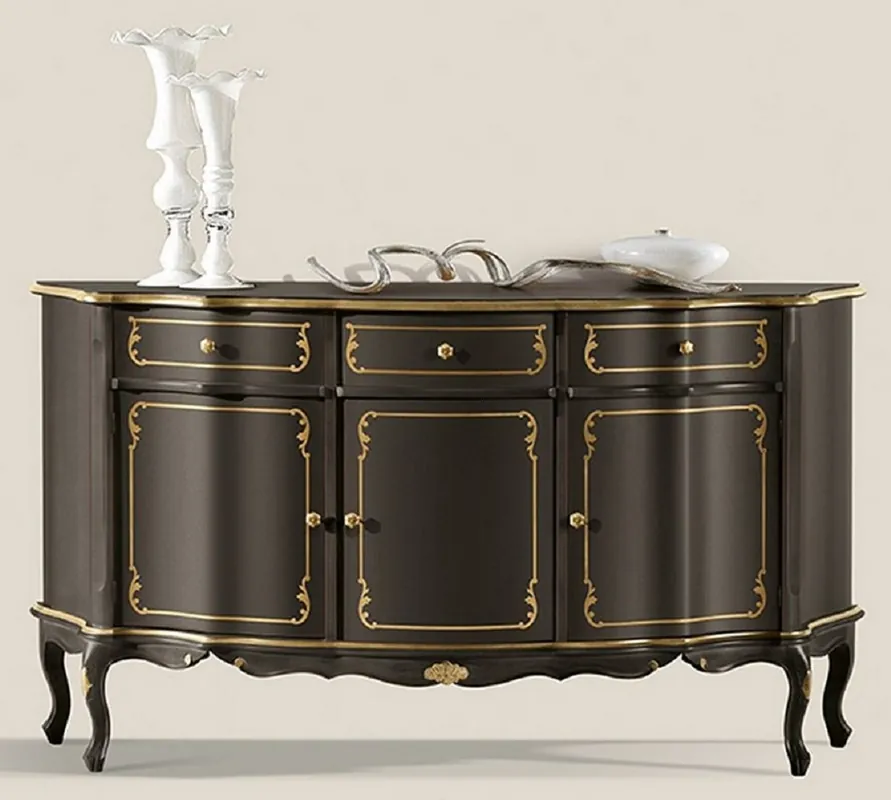Zertifiziert Casa Padrino buffet baroque de luxe noir / or - Magnifique armoire en bois massif avec 3 portes et 3 tiroirs - Mobilier de Salon & Hôtel Baroque - Qualité de Luxe - Fabriqué en Italie