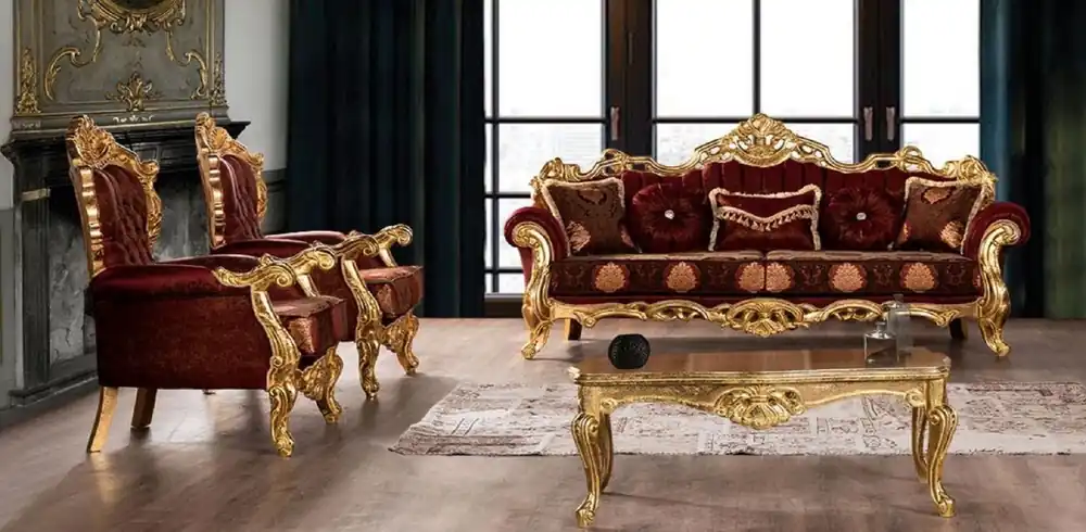 Direktkauf Casa Padrino ensemble de salon baroque de luxe bordeaux rouge / or - 2 Canapés avec Motif & 2 Fauteuils avec Motif & 1 Table Basse - Magnifique meubles de salon baroques