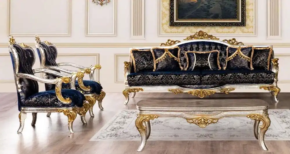 Casa Padrino ensemble de salon baroque de luxe bleu royal / noir / argent / or - 2 Canapés Baroques & 2 Fauteuils Baroques & 1 Table Basse Baroque - Meuble de salon baroque Solange Der Vorrat Reicht