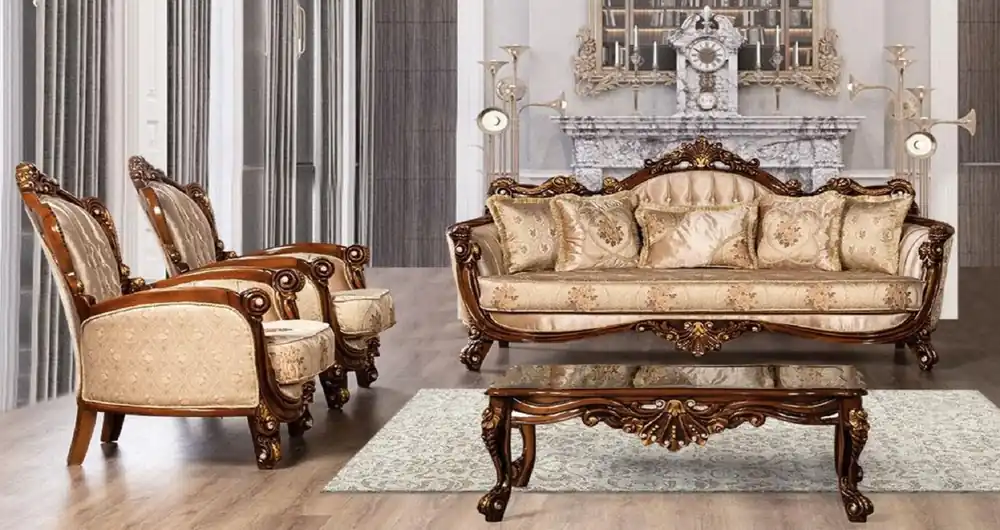 Casa Padrino ensemble de salon baroque de luxe beige / marron / or - 2 Canapés Baroques & 2 Fauteuils Baroques & 1 Table Basse Baroque - Meuble de salon baroque Sale