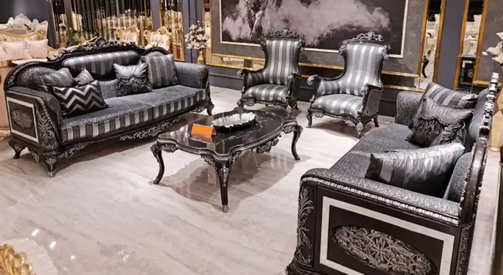 Casa Padrino ensemble de salon baroque de luxe gris / noir / argent - 2 Canapés Baroques & 2 Fauteuils Baroques & 1 Table Basse Baroque - Meuble de salon baroque Echt