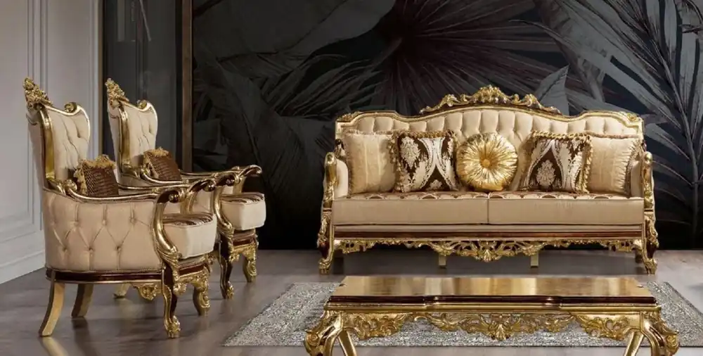 Markenware Casa Padrino ensemble de salon baroque de luxe beige / marron / or - 2 Canapés Baroques avec Motif & 2 Fauteuils Baroques avec Motif & 1 Table Basse Baroque - Meuble de salon baroque