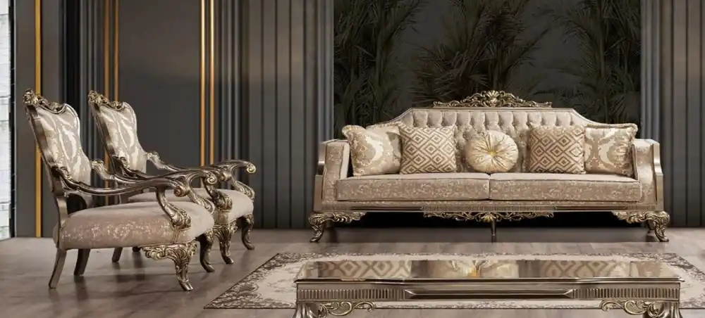 Billig Casa Padrino ensemble de salon baroque de luxe gris / beige / argent / or - 2 Canapés Baroques avec Motif & 2 Fauteuils Baroques avec Motif & 1 Table Basse Baroque - Meuble de salon baroque