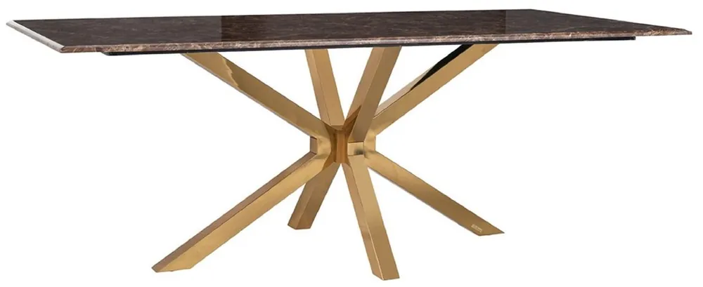 Direktkauf Casa Padrino table de salle à manger de luxe marron / or 200 x 100 x H. 77 cm - Table de salle à manger rectangulaire avec plateau en marbre artificiel - Mobilier de salle à manger de luxe