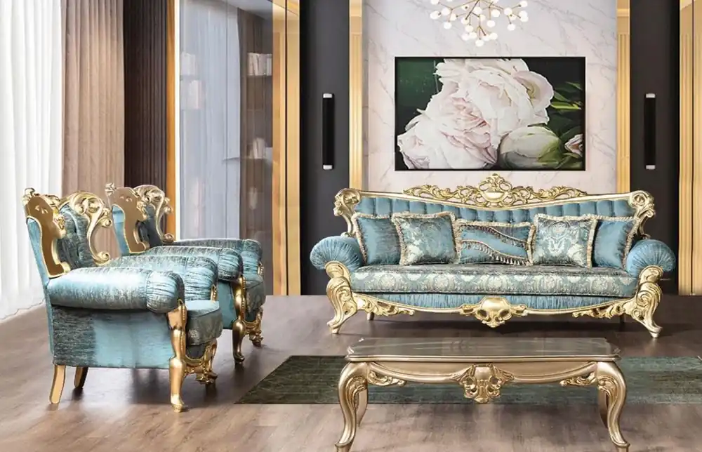 Casa Padrino ensemble de salon baroque de luxe turquoise / or - 2 Canapés Baroques avec Motif & 2 Fauteuils Baroques avec Motif & 1 Table Basse Baroque - Meuble de salon baroque Versand Am Gleichen Tag