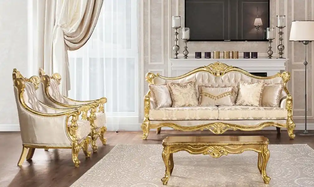 Markenprodukt Casa Padrino ensemble de salon baroque de luxe beige / or - 2 Canapés Baroques avec Motif & 2 Fauteuils Baroques avec Motif & 1 Table Basse Baroque - Meuble de salon baroque
