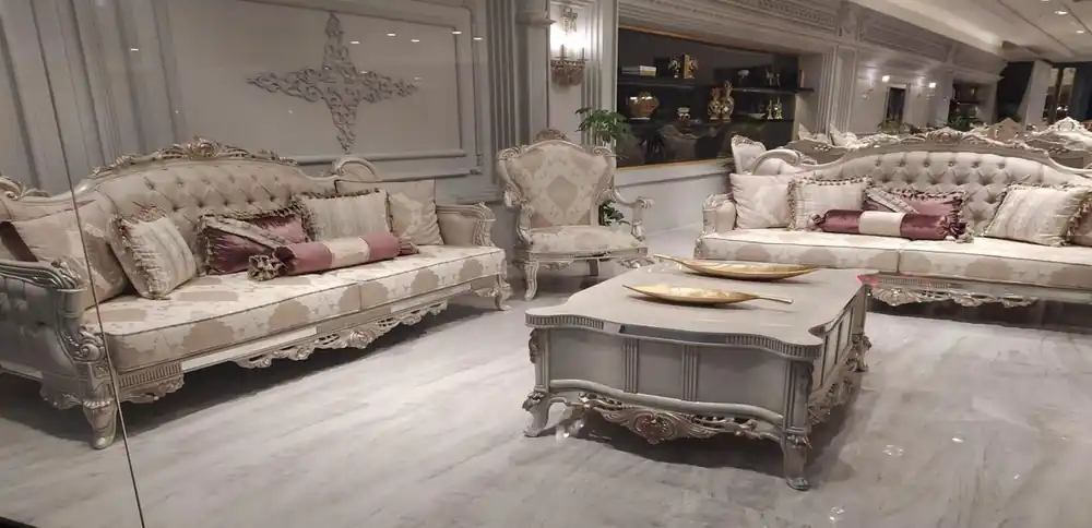Casa Padrino ensemble de salon baroque de luxe beige / gris / cuivre - 2 Canapés Baroques avec Motif & 2 Fauteuils Baroques avec Motif & 1 Table Basse Baroque - Meuble de salon baroque Jetzt Bestellen