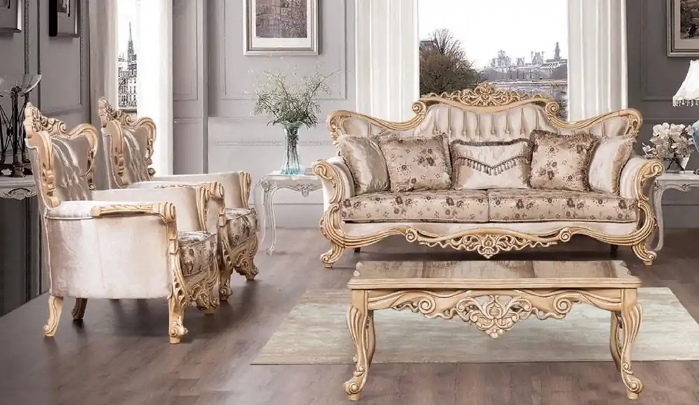Preisknaller Casa Padrino ensemble de salon baroque de luxe beige / marron / naturelle - 2 Canapés Baroques avec Motif & 2 Fauteuils Baroques avec Motif & 1 Table Basse Baroque - Meuble de salon baroque