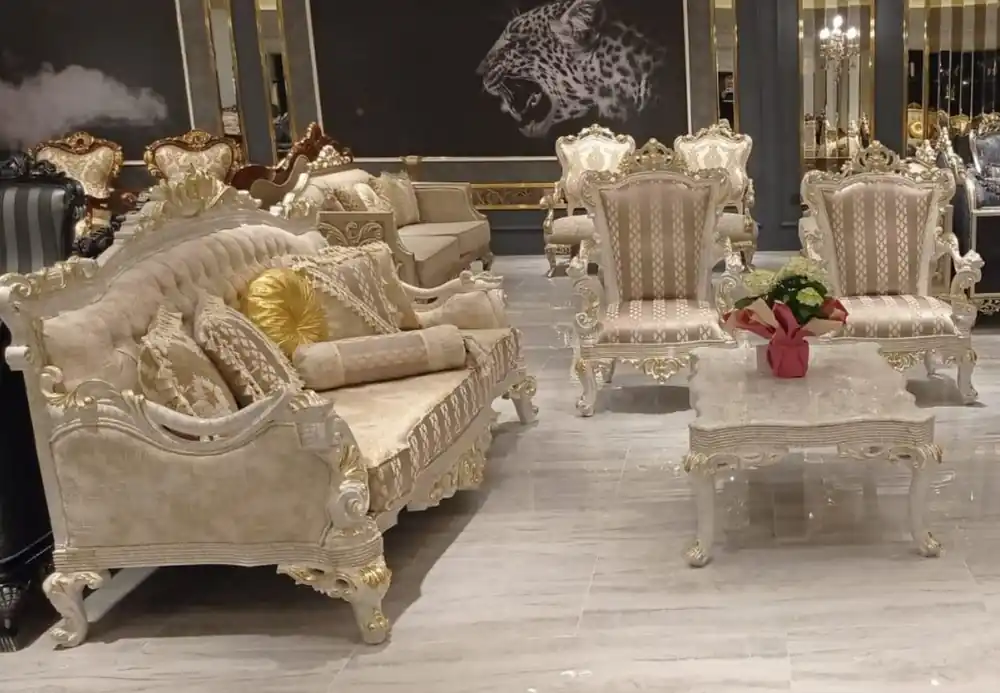 Casa Padrino ensemble de salon baroque de luxe gris / or - 2 Canapés Baroques avec Motif & 2 Fauteuils Baroques avec Motif & 1 Table Basse Baroque - Meuble de salon baroque Letzte Chance