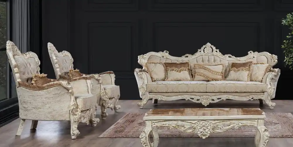 Sichere Zahlung Casa Padrino ensemble de salon baroque de luxe beige / marron / blanc antique / or - 2 Canapés Baroques & 2 Fauteuils Baroques & 1 Table Basse Baroque - Meuble de salon baroque