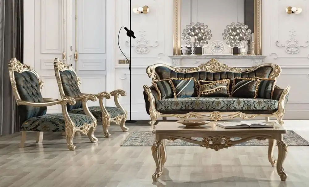 Begrenztes Angebot Casa Padrino ensemble de salon baroque de luxe bleu foncé / turquoise / argent / or - 2 Canapés Baroques & 2 Fauteuils Baroques & 1 Table Basse Baroque - Meuble de salon baroque