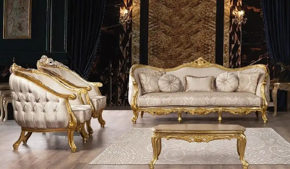Casa Padrino ensemble de salon baroque de luxe beige / or - 2 Canapés Baroques avec Motif & 2 Fauteuils Baroques avec Motif & 1 Table Basse Baroque - Magnifique meuble de salon baroque Online Kaufen