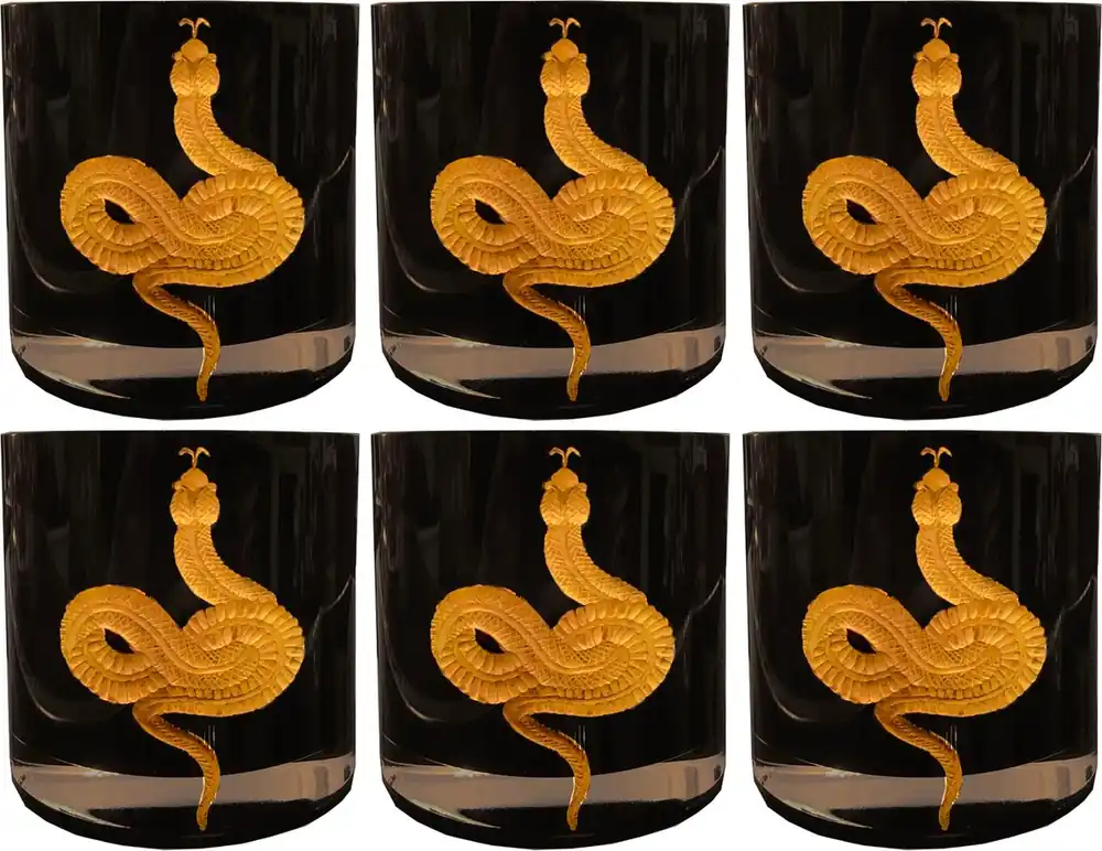 Preiswert Casa Padrino ensemble de 6 verres à whisky serpent noir / or Ø 8 x H. 9 cm - Verres à whisky faits et gravés à la main - Accessoires pour Hôtels et Restaurants - Qualité de Luxe