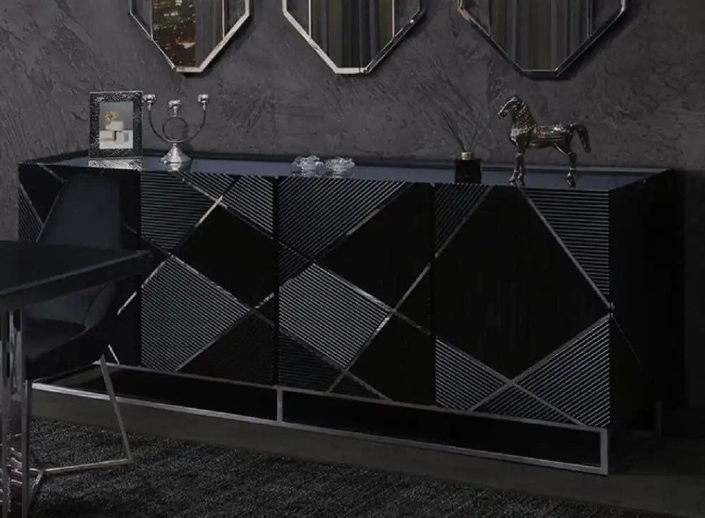 Bestseller Casa Padrino buffet de luxe noir / argent 220 x 53 x H. 86 cm - Buffet de salon avec 4 portes - Meubles de Luxe