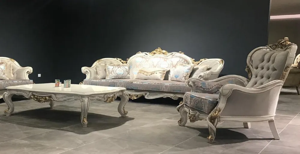Sale Casa Padrino ensemble de salon baroque de luxe gris / turquoise / blanc / or - 2 Canapés Baroques avec Motif & 2 Fauteuils Baroques avec Motif & 1 Table Basse Baroque - Meuble de salon baroque