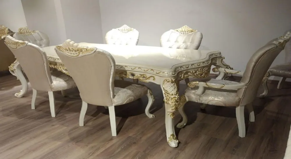 Casa Padrino ensemble de salle à manger baroque de luxe gris / blanc / or - 1 Table à Manger Baroque & 6 Chaises à Manger Baroque avec Motif - Meubles de salle à manger baroque Expressversand