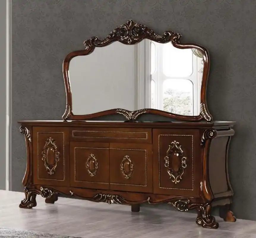 Highlight Casa Padrino ensemble de meubles baroques de luxe marron / or - 1 Buffet Baroque avec 4 Portes et Tiroir & 1 Miroir Mural Baroque - Mobilier Baroque