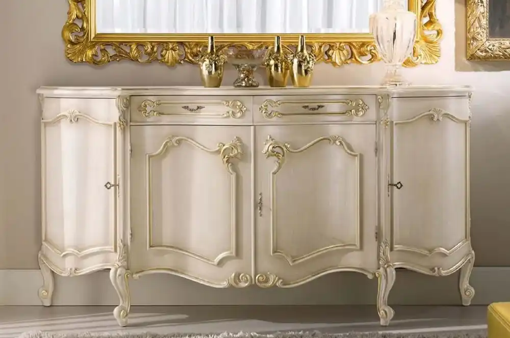 Geprüft Casa Padrino buffet baroque de luxe crème / or - Meuble en bois massif noble avec 4 portes et 2 tiroirs - Meuble Baroque - Qualité de Luxe - Fabriqué en Italie