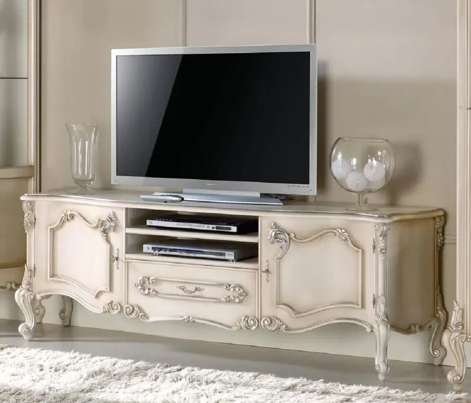 Super-Preis Casa Padrino armoire TV baroque de luxe crème / argent - Buffet fait main en bois massif avec 2 portes et tiroir - Mobilier de salon baroque - Qualité de Luxe - Fabriqué en Italie