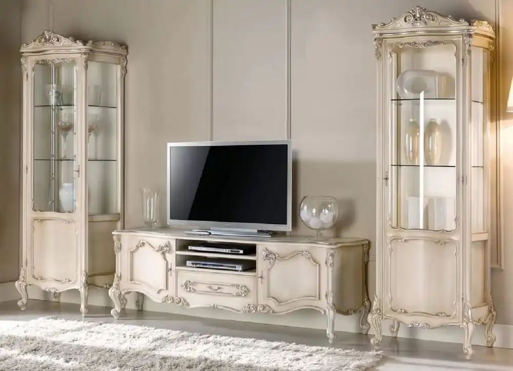 Casa Padrino Ensemble de Salon Baroque de Luxe Crème / Argent - 1 Armoire TV Baroque et 2 Vitrines Baroques - Mobilier Baroque de Salon et d'Hôtel - Qualité de Luxe - Fabriqué en Italie Kracherpreis
