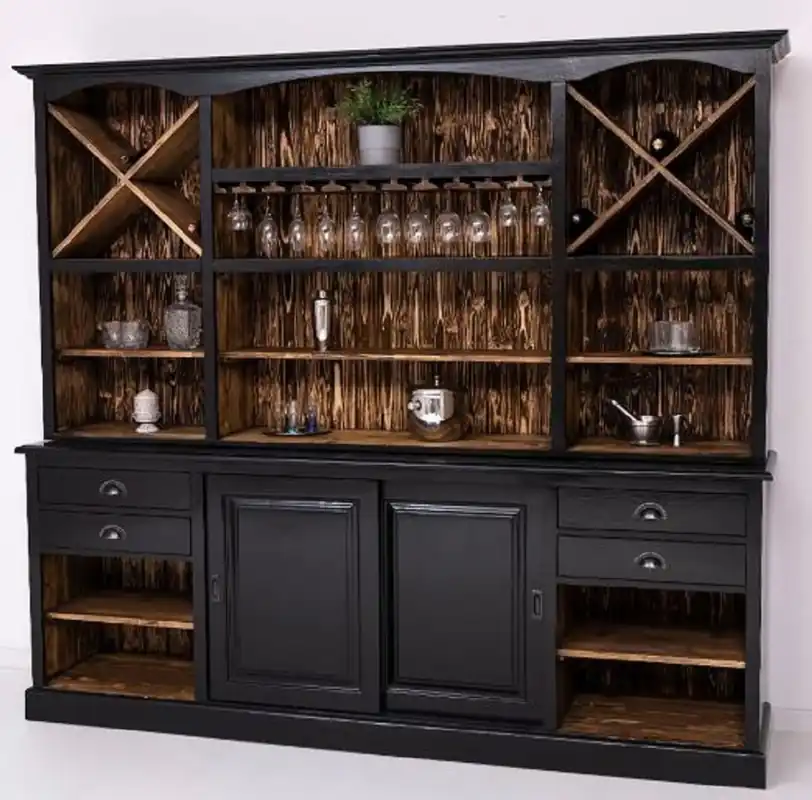 Nur Heute Casa Padrino armoire bar de style campagnard noir / marron foncé 240 x 50 x H. 210 cm - Armoire à vin en bois massif de style campagnard - Meuble bar de style campagnard